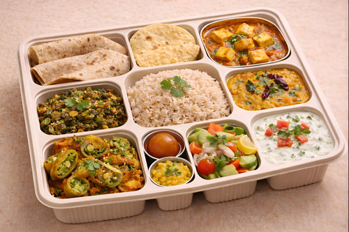 Healthy Meal Chapati with Brown Rice, Chapati 3, Brown Rice, Panner Curry, Bhendi Fry, Dal fry, Salad, Pickle, Papad, Sweet, Mirachi Bajji &amp; Raita.