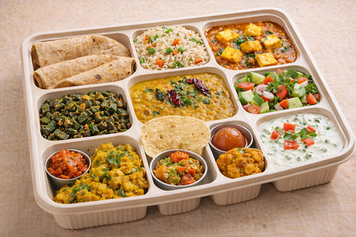 Healthy Meal with 3 Chapati with Veg Pulav, Pulaka 3, Veg Briyani, Bhendi Fry, Butter Paneer Masala, Dal fry, Salad, Pickle, Papad, Sweet, Mirachi Bajji & Raita