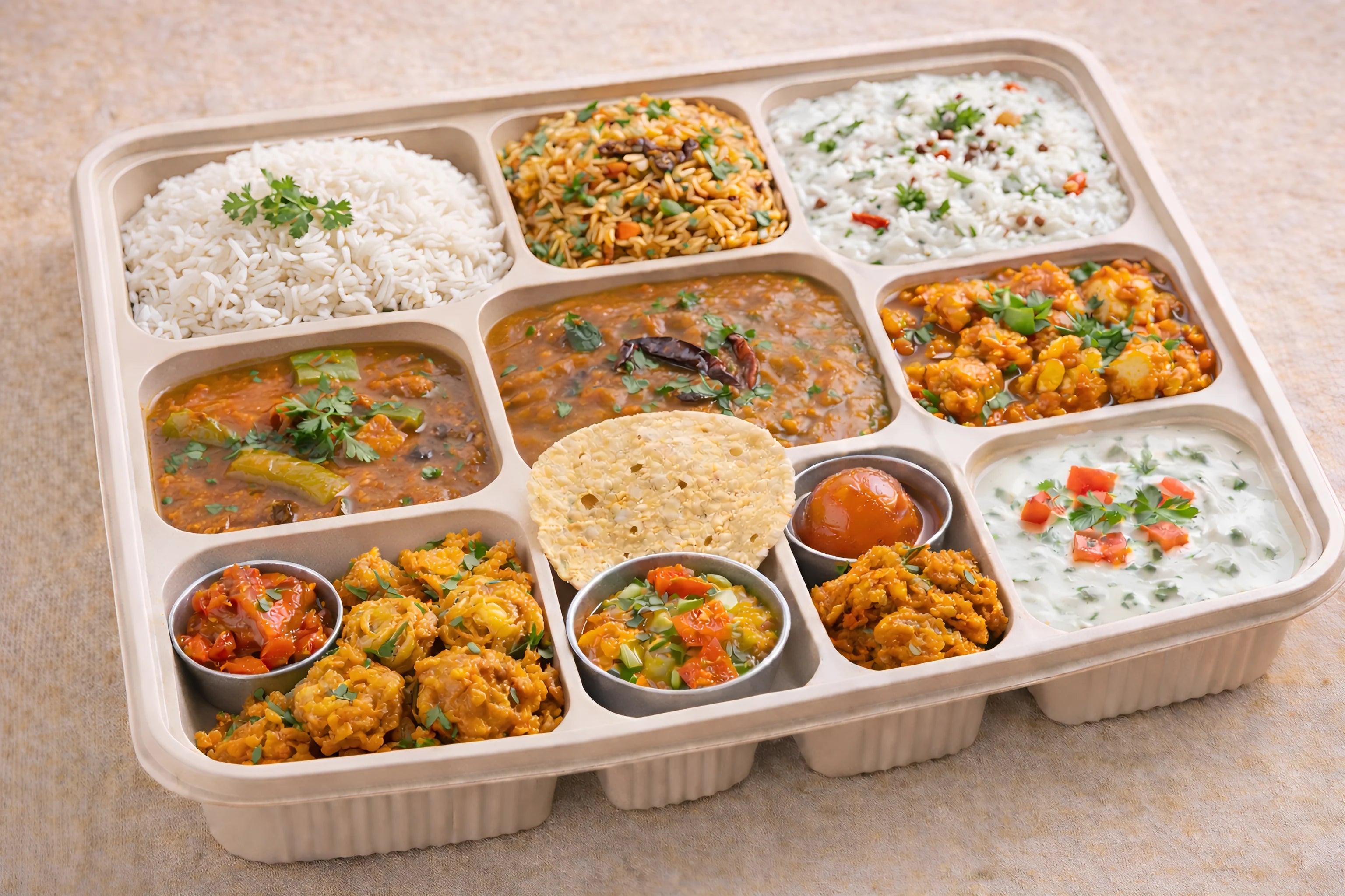 Healthy Meal with White Rice and Veg Briyani, White Rice, Veg Briyani, sambar, Aloo Tamator Fry, Dal fry, Curd Rice, salad, pickle, papad, sweet, onion pakoda and raita