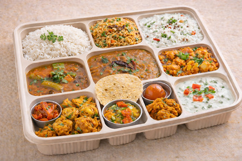 Healthy Meal with White Rice and Veg Briyani, White Rice, Veg Briyani, sambar, Aloo Tamator Fry, Dal fry, Curd Rice, salad, pickle, papad, sweet, onion pakoda and raita